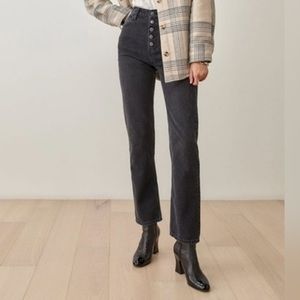 reformation cynthia button fly high rise straight leg jeans in black